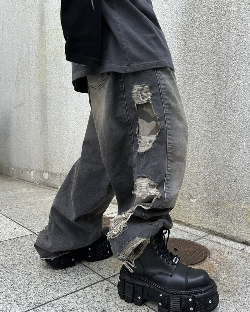 受注制【Never mind the XU】camouflage side damage denim pants (2color) / 【ネバーマインドザエックスユー】カモフラージュサイドダメージワイドデニムパンツ