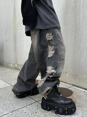 受注制【Never mind the XU】camouflage side damage denim pants (2color) / 【ネバーマインドザエックスユー】カモフラージュサイドダメージワイドデニムパンツ