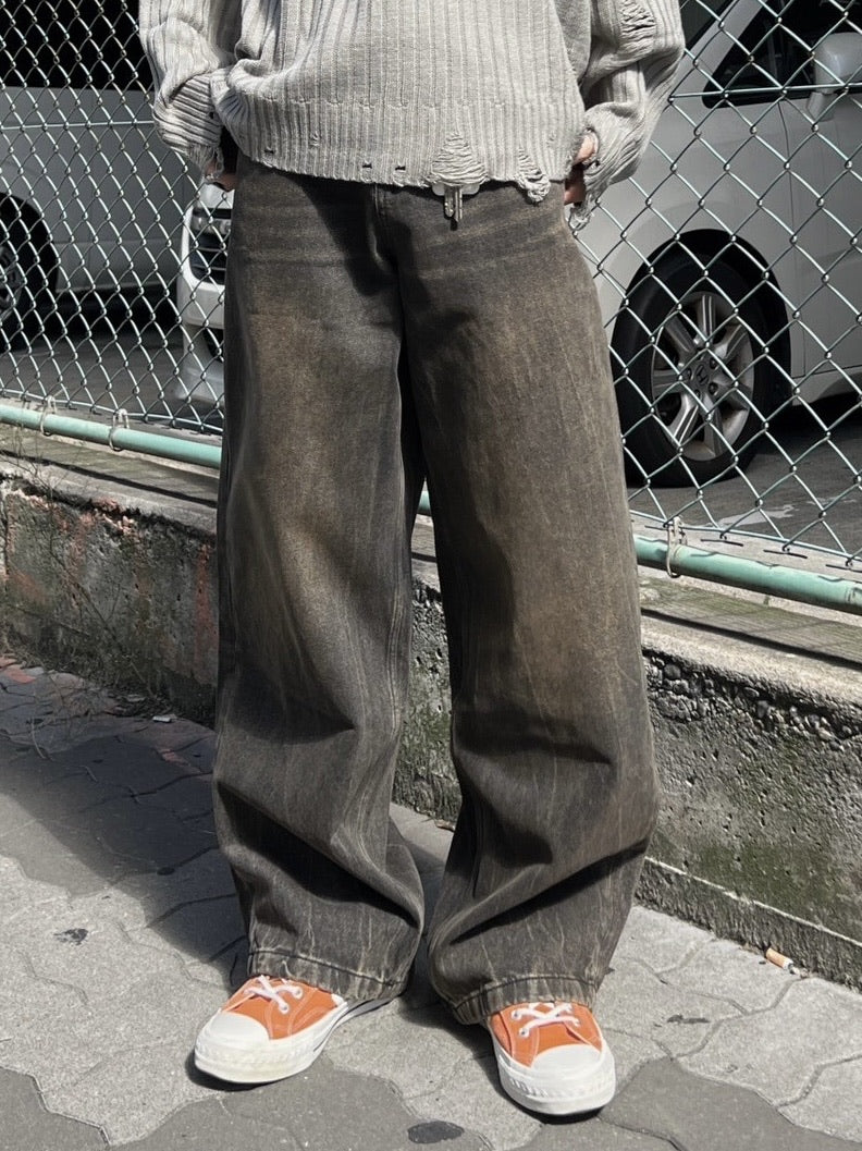 大阪店WEB限定受注制【Chikashitsu +】vintage wash wide denim pants (brown)