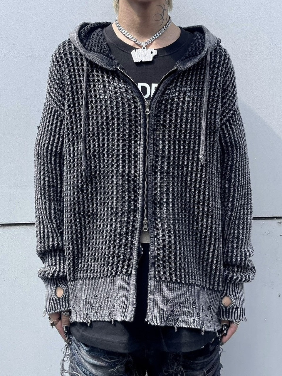 受注制【Never mind the XU】mesh zip damage hoodie (2color) / 【ネバーマインド ザ エックスユー】メッシュダメージジップアップ長袖パーカー