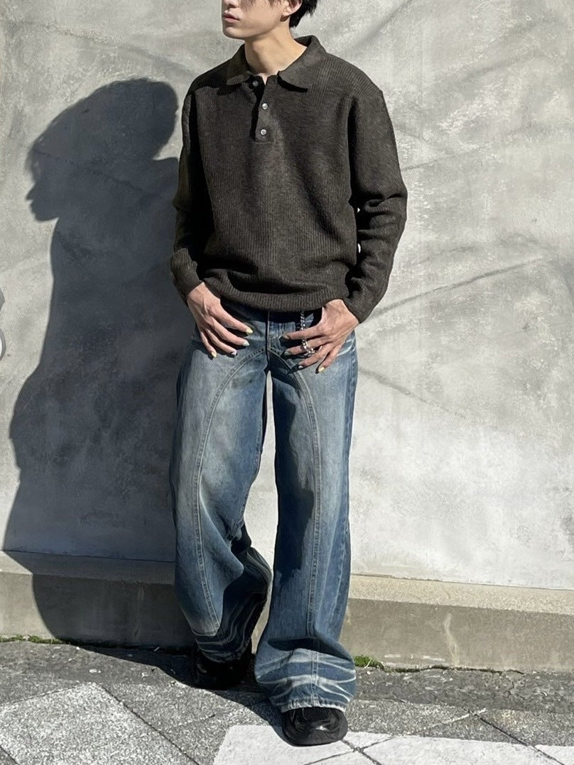 受注制【Chikashitsu +】wool touch lib knit polo (4color) / 【チカシツプラス】ウールタッチリブ長袖ニット