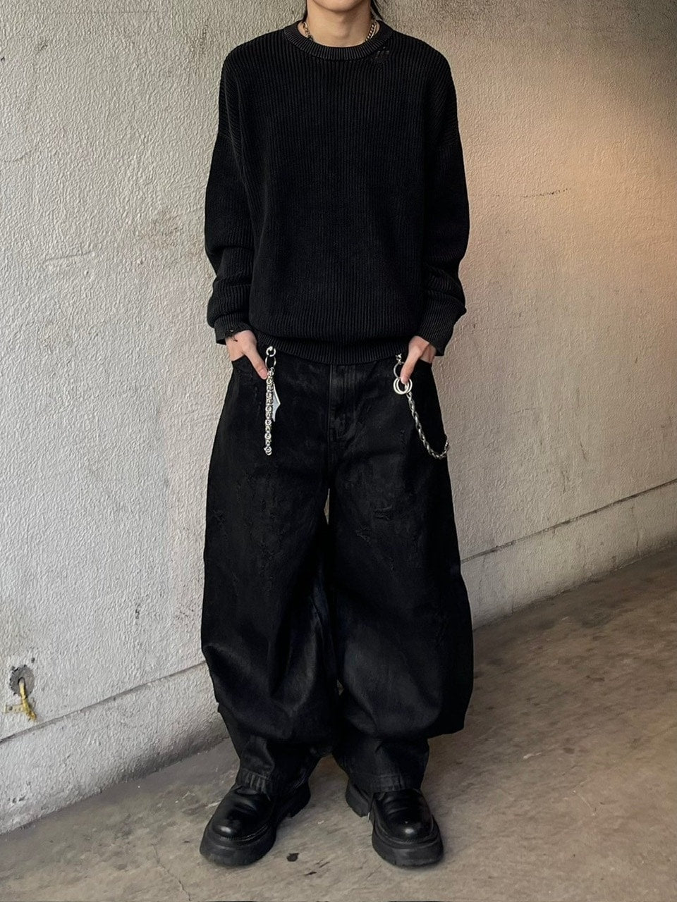 受注制【Chikashitsu +】coating damage wide denim pants / 【チカシツプラス】コーティングダメージワイドデニムパンツ