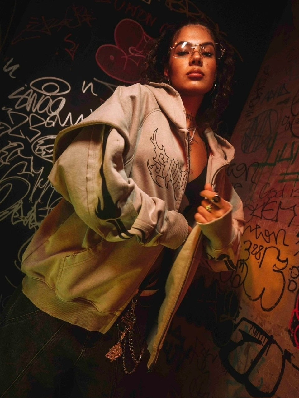 【SUPPLIER】Fire Bones Layered Sleeve Zip Hoodie