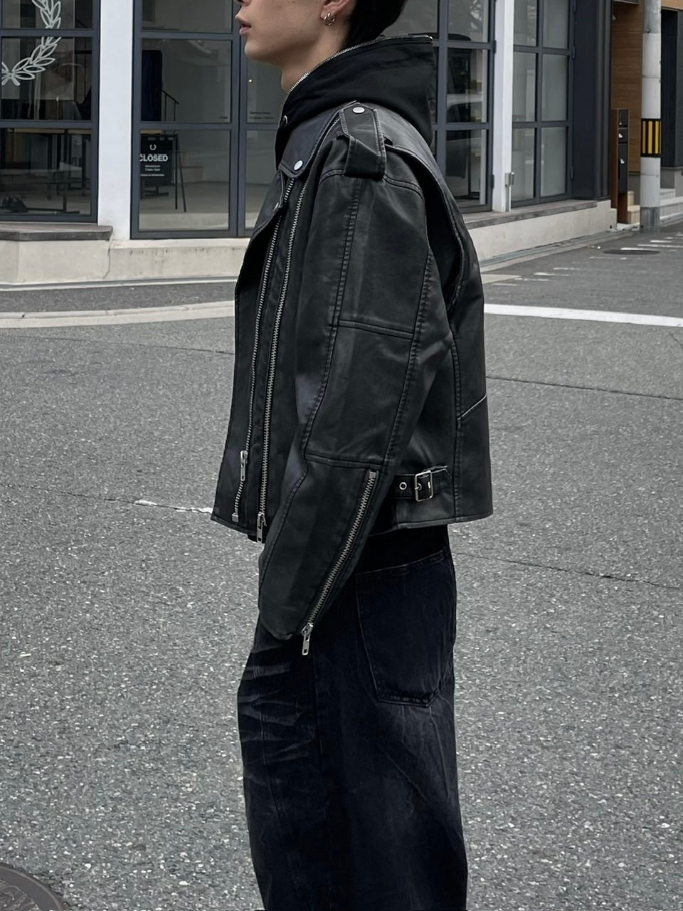 受注制【Chikashitsu +】aging wash cropped riders jacket