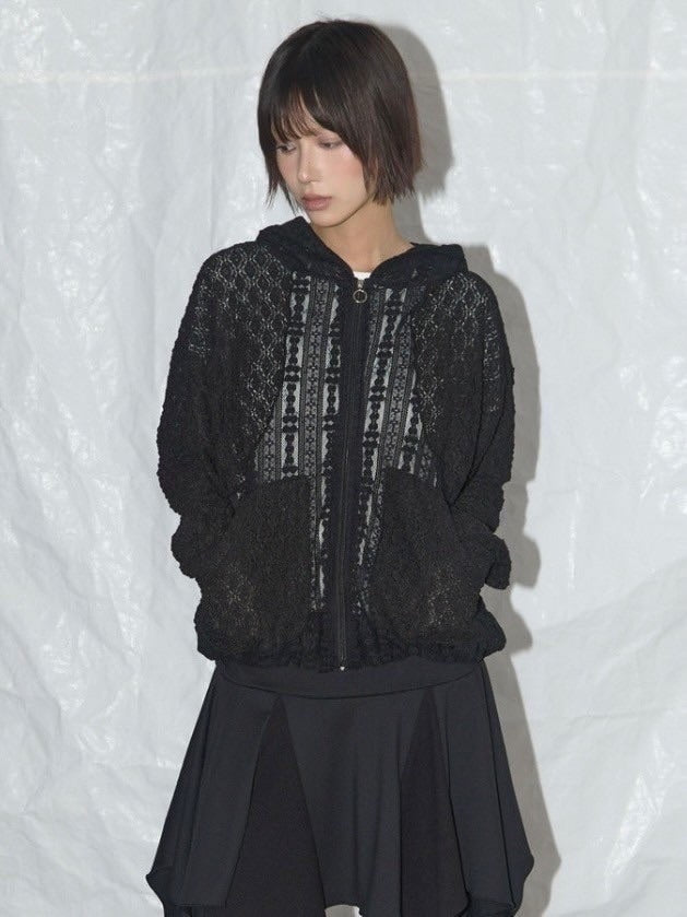 【FANCY CLUB】PLUMPY LACE LINE HOOD ZIP-UP / 【ファンシークラブ】レースメッシュジップアップパーカー