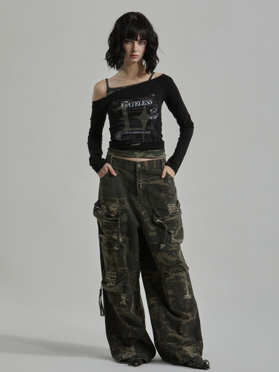 【GATELESS】CAMOUFLAGE LAYERED ONE SHOULDER T-SHIRT