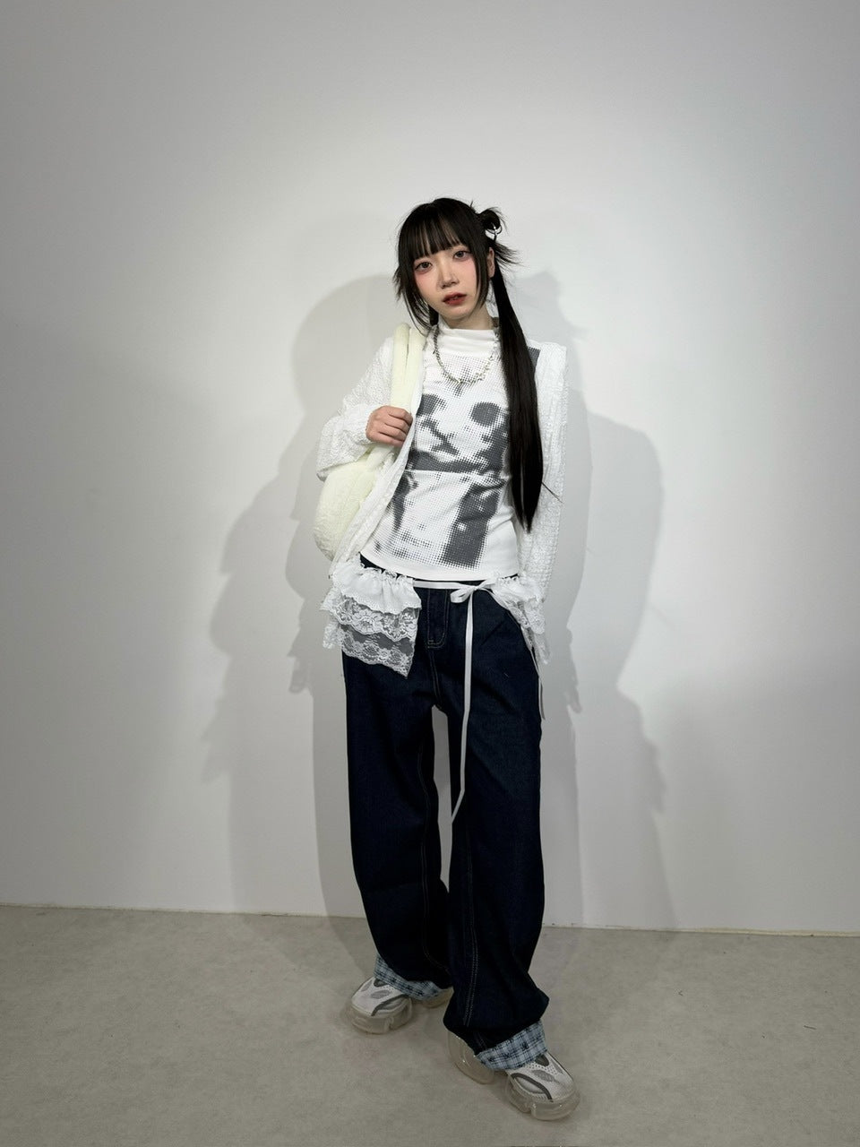 国際配送【Nerd out XU】design check wide denim pants