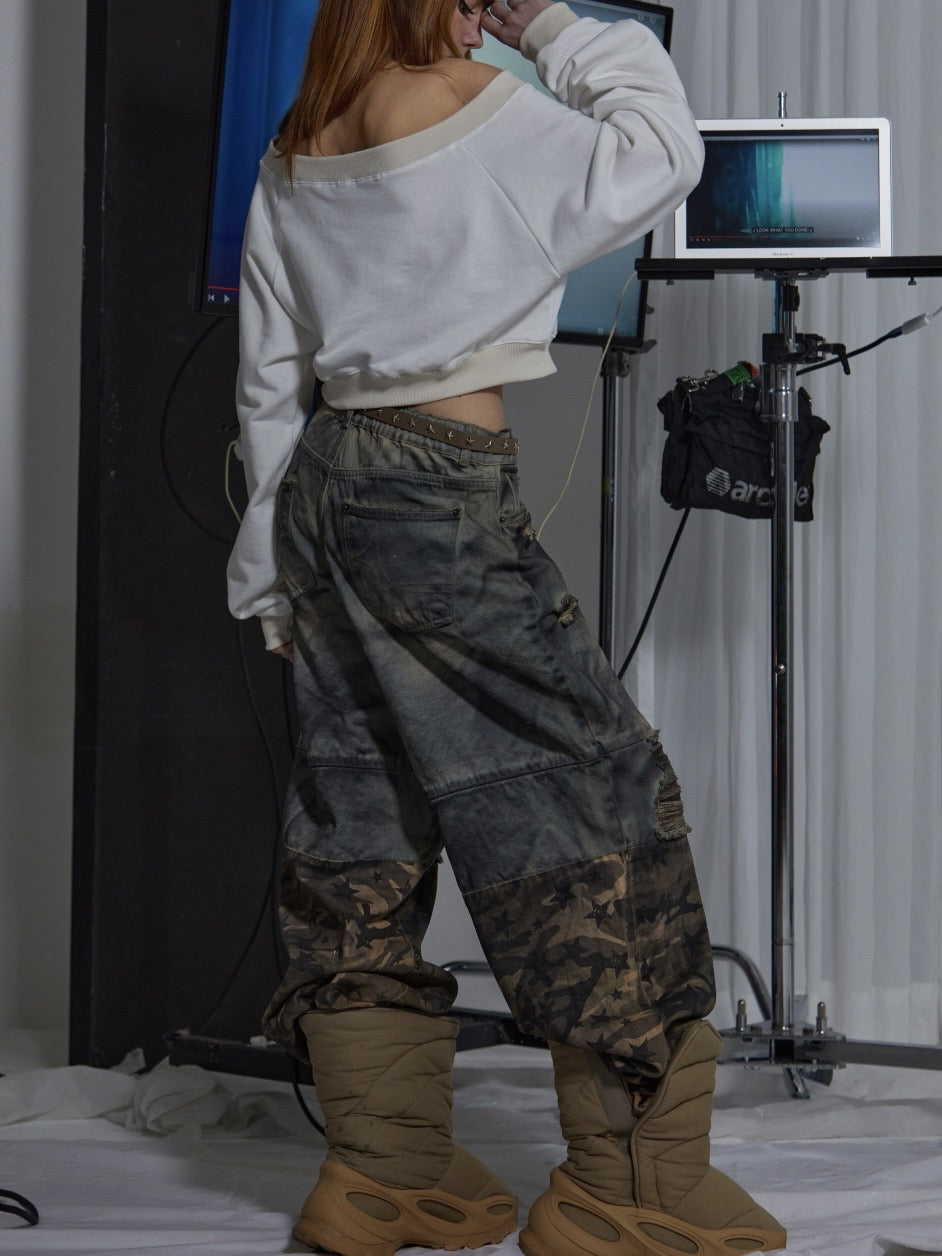 【GATELESS】OFF SHOULDER CROPPED SWEAT SHIRT