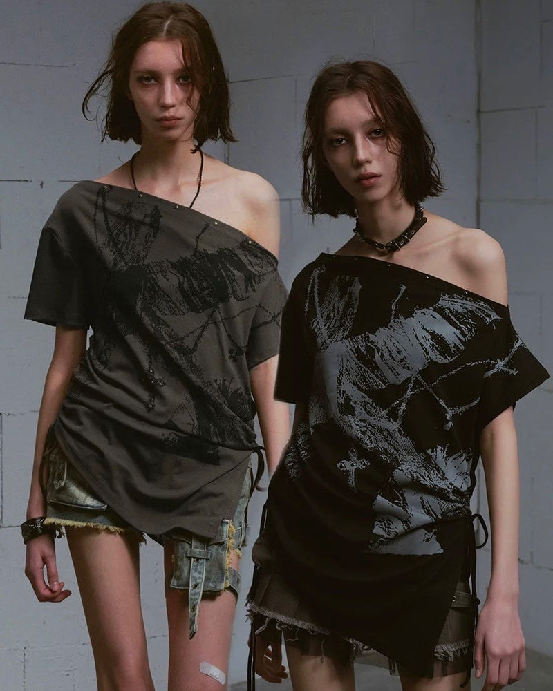【Cest Nous】Off-shoulder ruched T-shirt / 【セヌー】オフショルダー半袖Tシャツ
