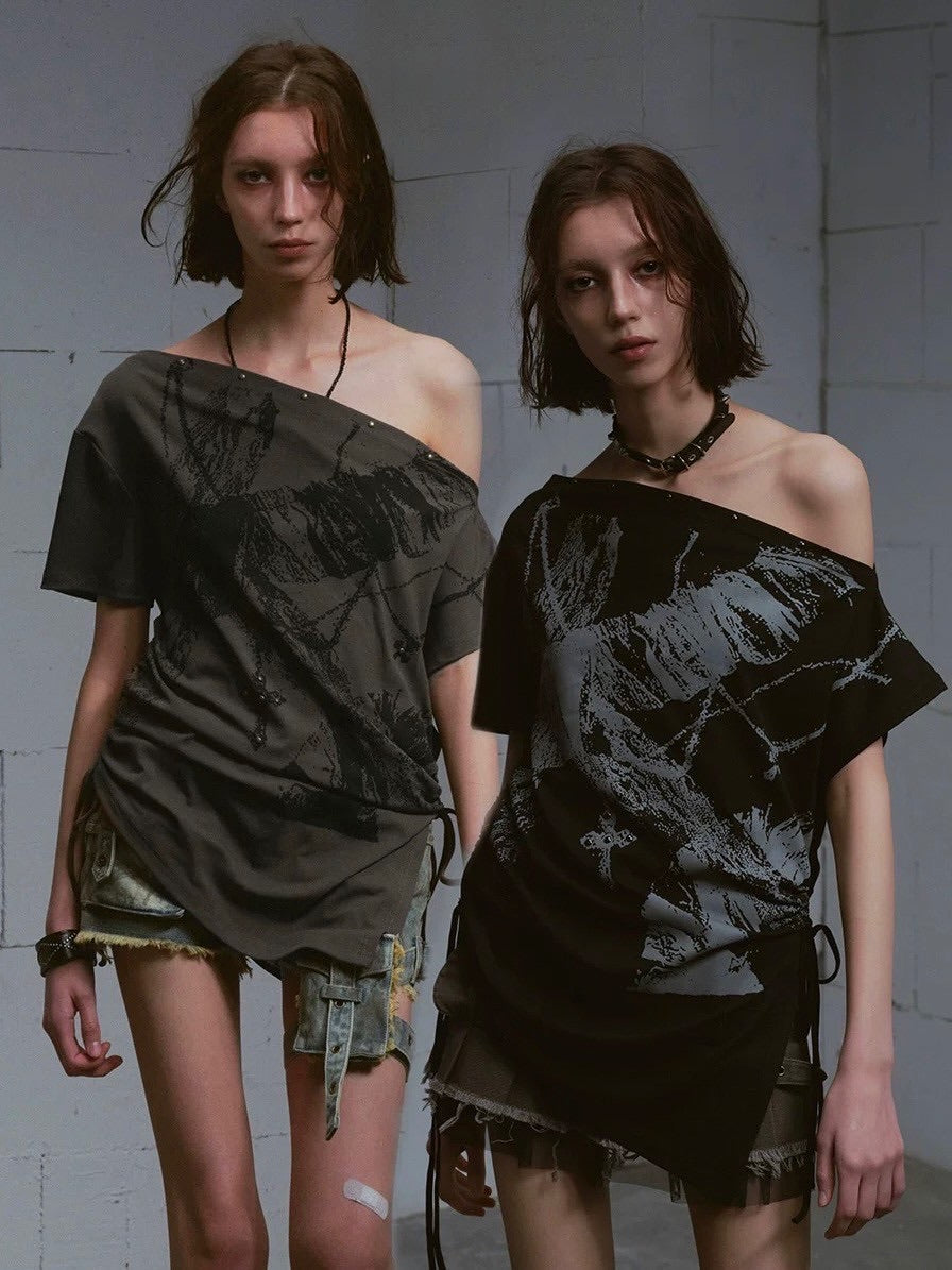 【Cest Nous】Off-shoulder ruched T-shirt / 【セヌー】オフショルダー半袖Tシャツ