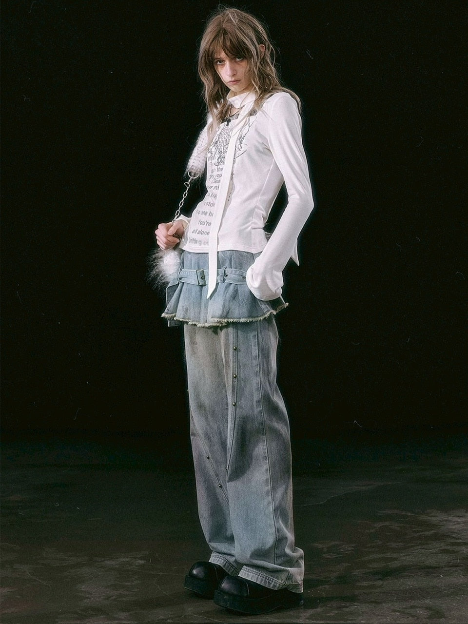 【Cest Nous】Dirty Wash Blue Denim Jeans / 【セヌー】ダーティーウォッシングスカートレイヤードデニムパンツ