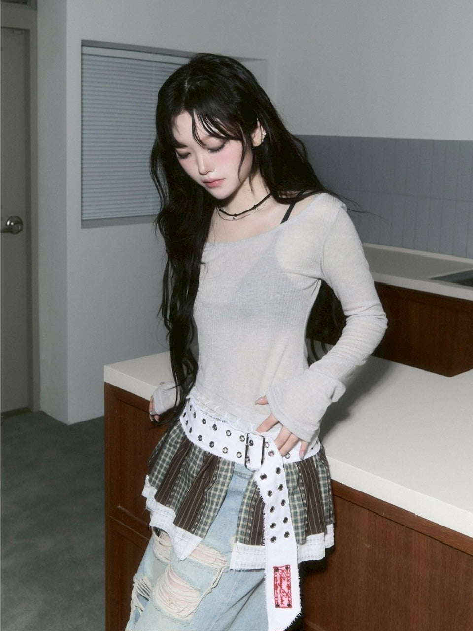 【CHERRYQUIRI】sheer layered unbal sleeve / 【チェリーキュリー】シアーレイヤードアンバランス長袖トップス