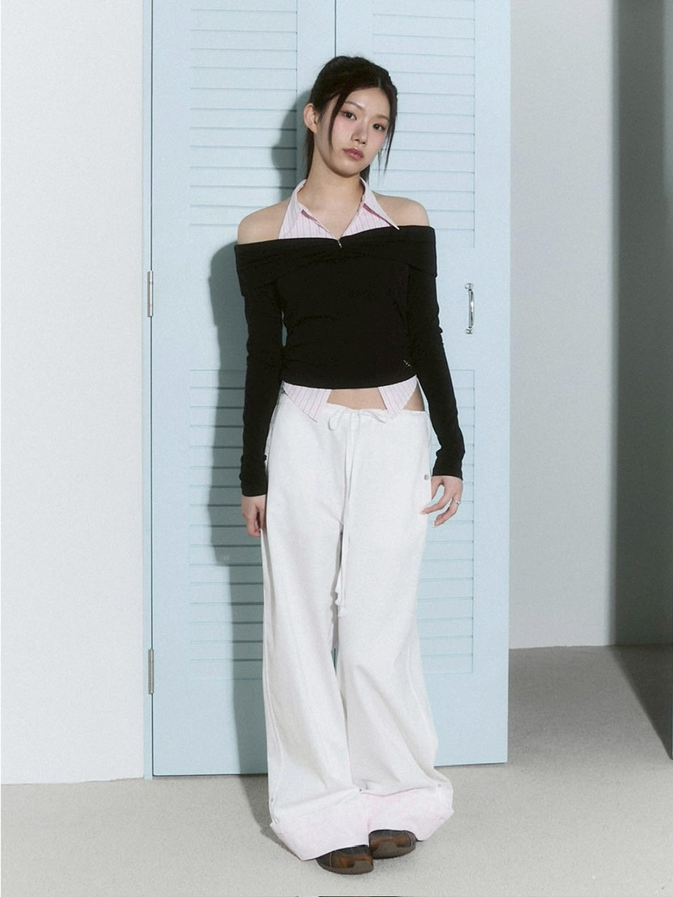 【CHERRYQUIRI】shirts layered off shoulder top