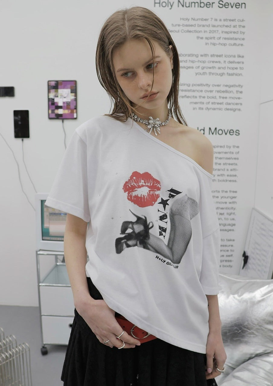【HOLY NUMBER 7】OFF-SHOULDER PUNK GRAPHICS SHORT-SLEEVED T-SHIRT / 【ホーリーナンバーセブン】オフショルダープリント半袖Tシャツ