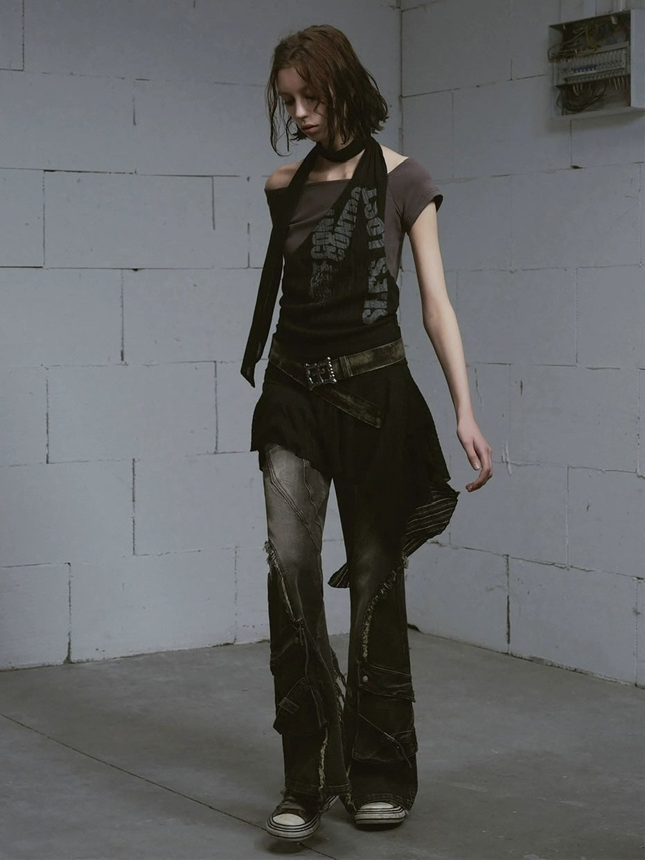 【Cest Nous】Black and Gray Short-sleeved T-shirts / 【セヌー】クロップ半袖Tシャツシアーチュニックレイヤードトップス