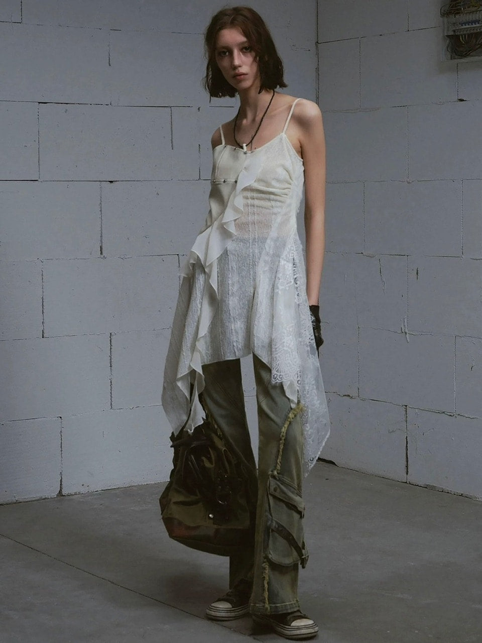 【Cest Nous】Leather lace camisole dress / 【セヌー】レザーレースシアーキャミワンピース