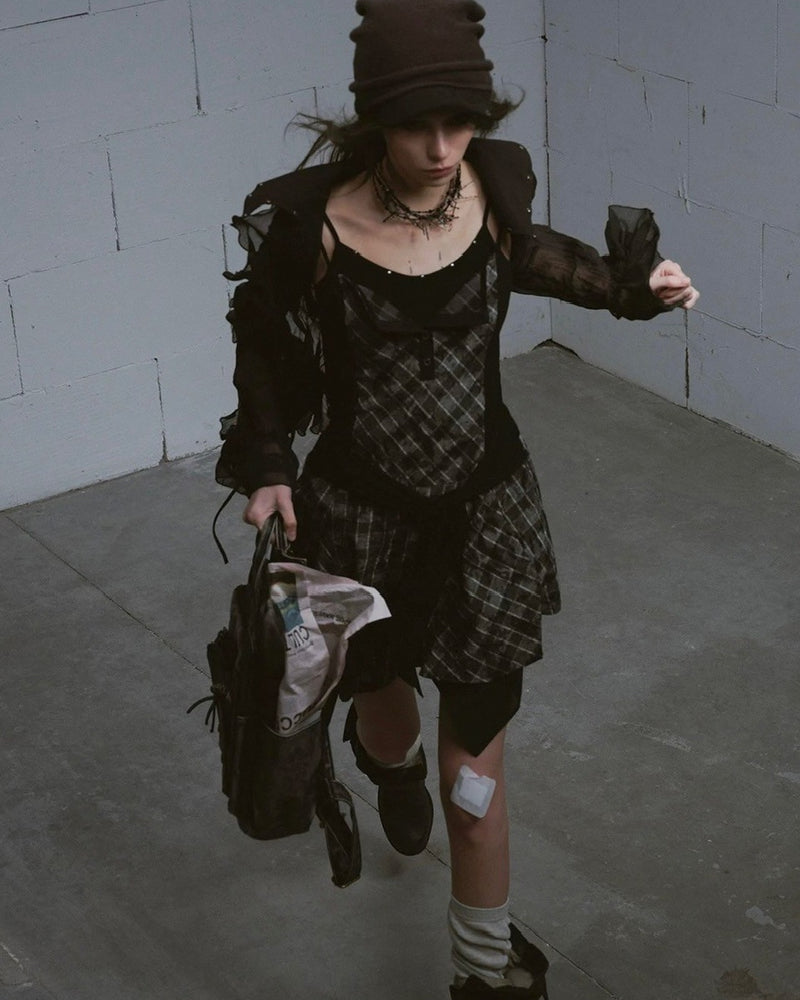 【Cest Nous】Plaid tie-strap camisole dress / 【セヌー】プリーツグレンチェックストラップキャミワンピース