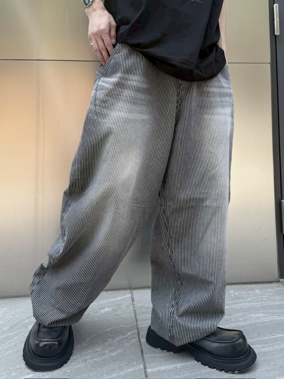 受注制【nmtc +】stripe wash wide denim pants (2color) / 【エヌエムティーシープラス】ストライプボーダーウォッシュワイドデニムパンツ