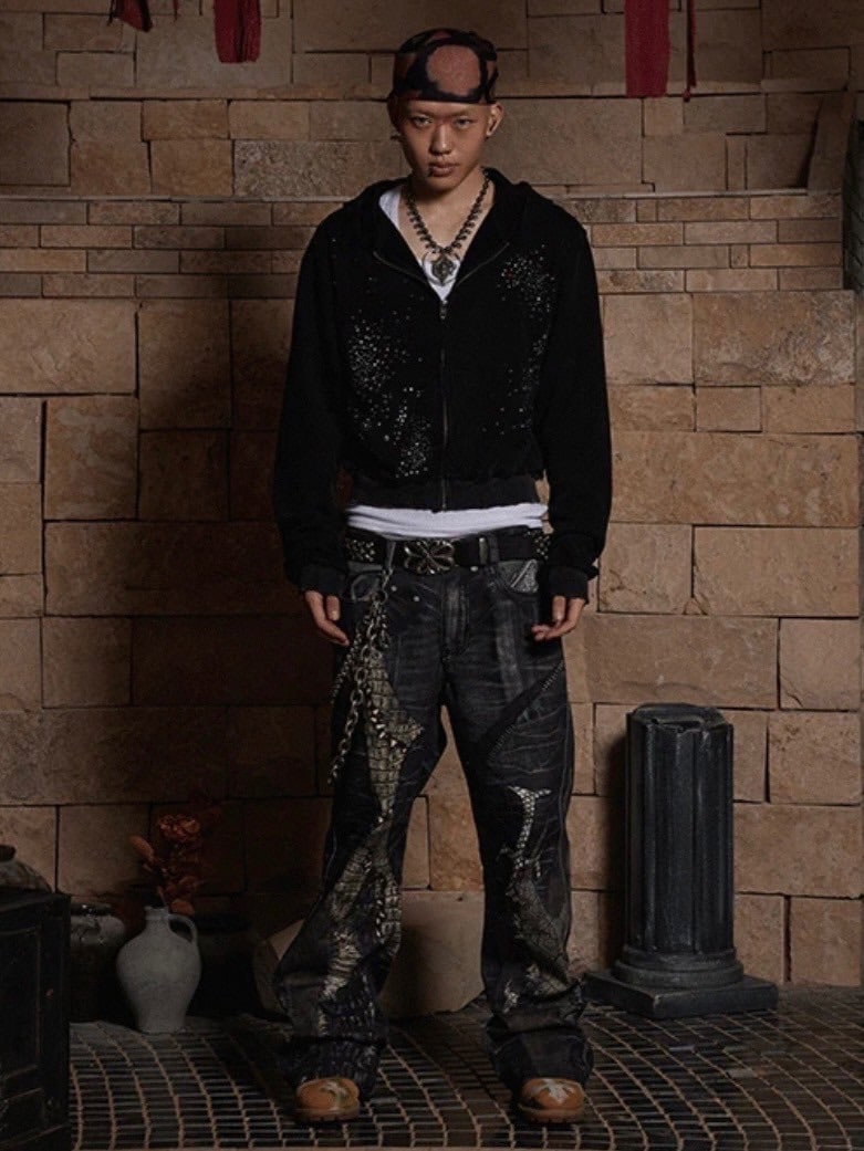 【DND4DES】LEATHER CROSS SPLICING PRINTED JEANS