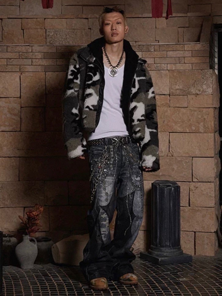 【DND4DES】CHAIN LACE PATCHWORK FLARED JEANS