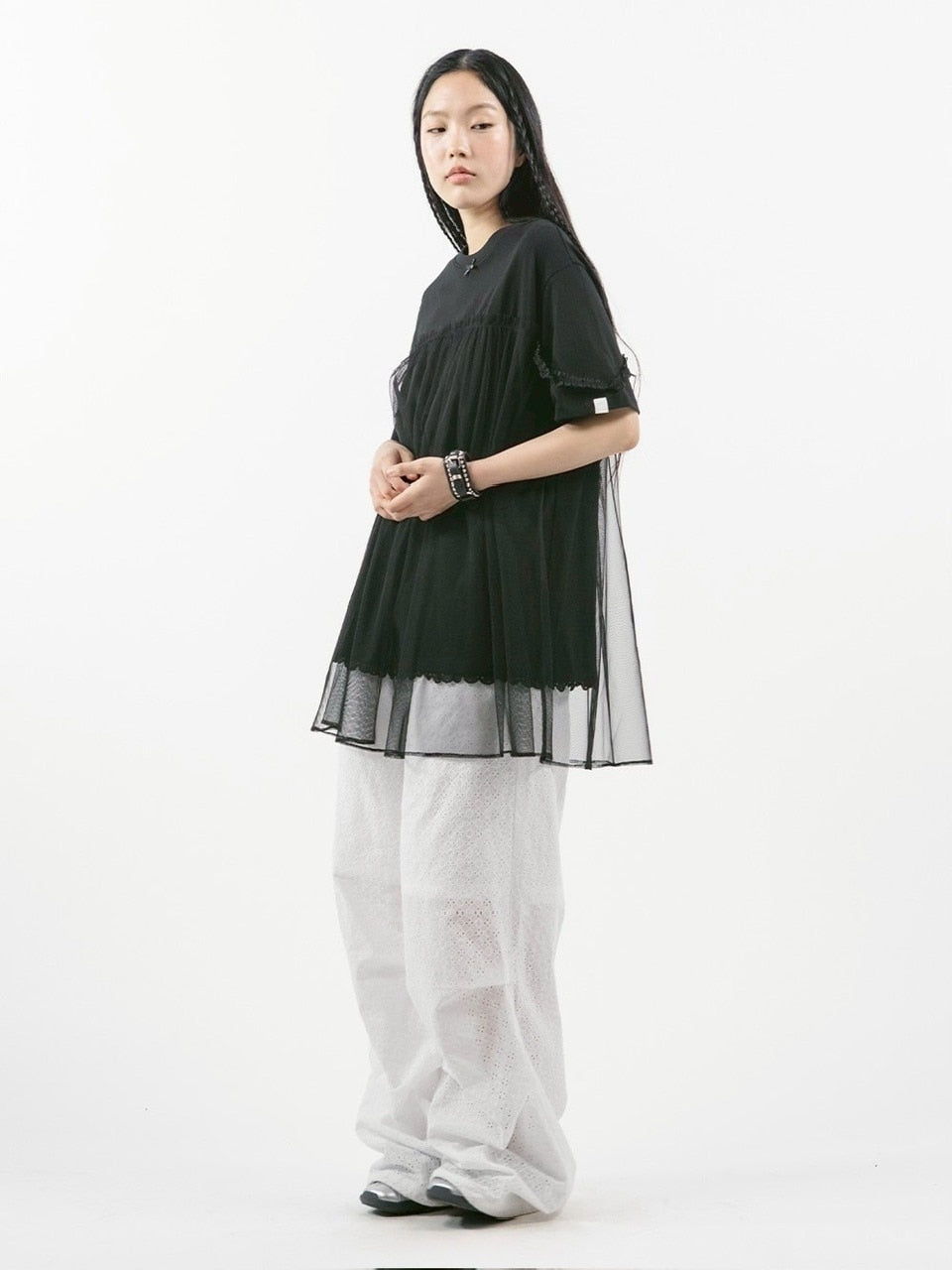 【TUOMIO】MESH LAYERED LACE T-SHIRT / 【トゥオミオ】メッシュレイヤードレース半袖Tシャツ