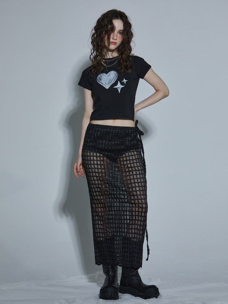 【GATELESS】HEART GRAPHIC PRINT CROPPED T-SHIRT / 【ゲートレス】ハートグラフィックプリントクロップド半袖Tシャツ