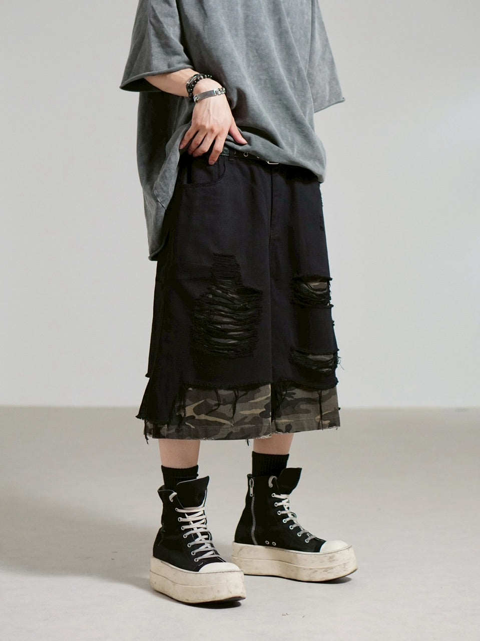 受注制【Chikashitsu +】layered camouflage bermuda pants / 【チカシツプラス】レイヤードカモフラージュバミューダパンツ (2color)