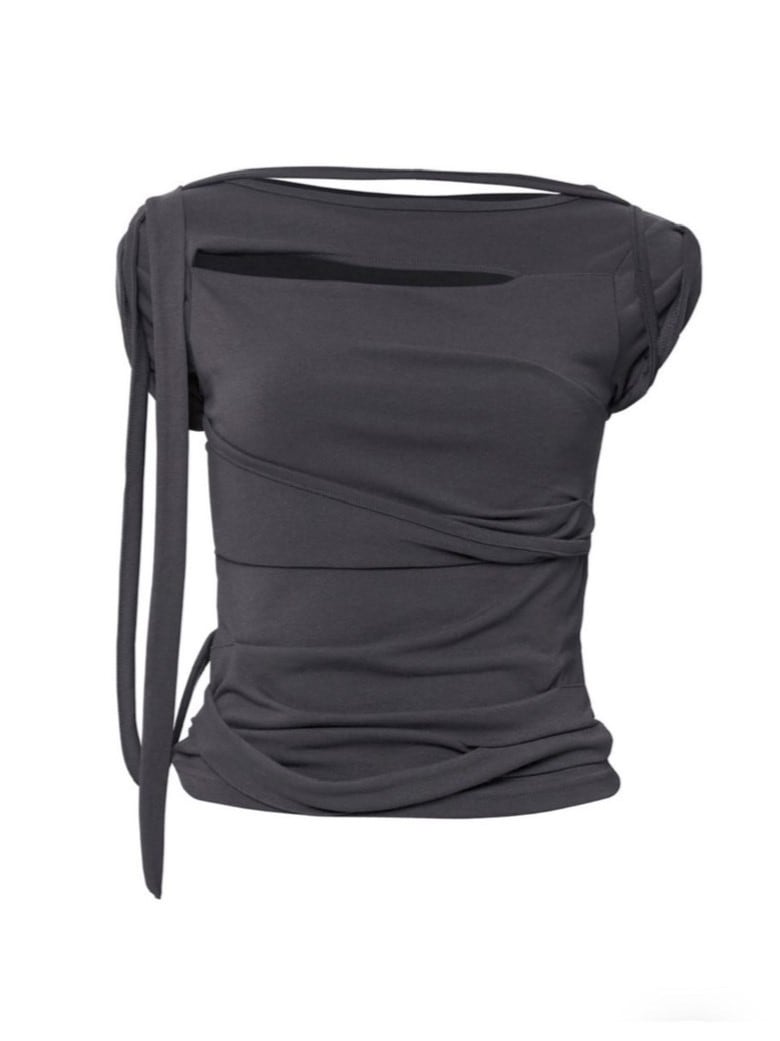 【FLAREUP】Asymmetrical Draped Strap Roll-Up T-Shirt