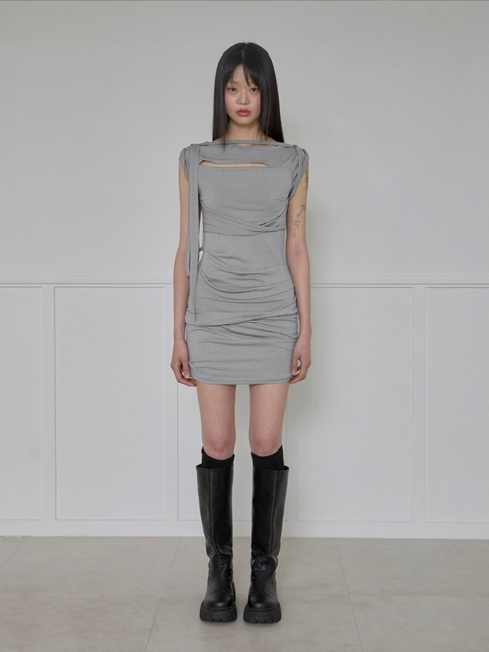 【FLAREUP】Asymmetrical Draped Strap Roll-Up Dress
