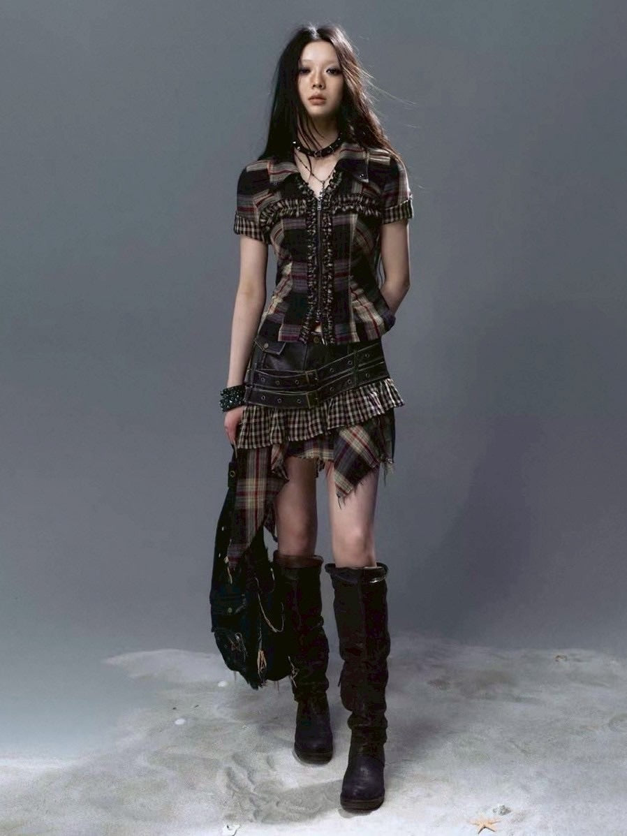 【Cest Nous】Plaid Leather Skirt / 【セヌー】ダブルベルトチェックフリルミニスカート