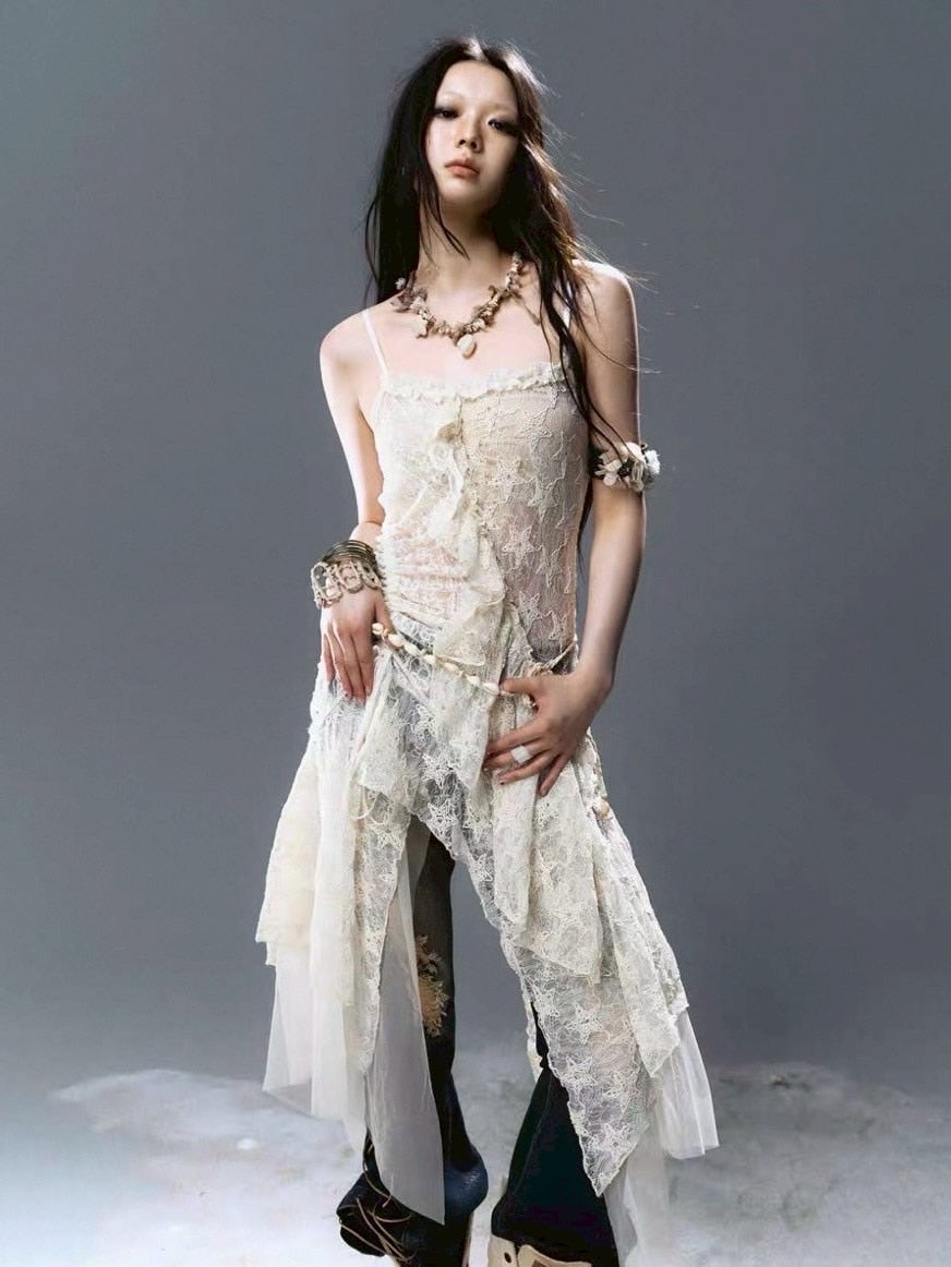 【Cest Nous】Star-Embellished Tulle dress / 【セヌー】レースフリルチュールキャミワンピース