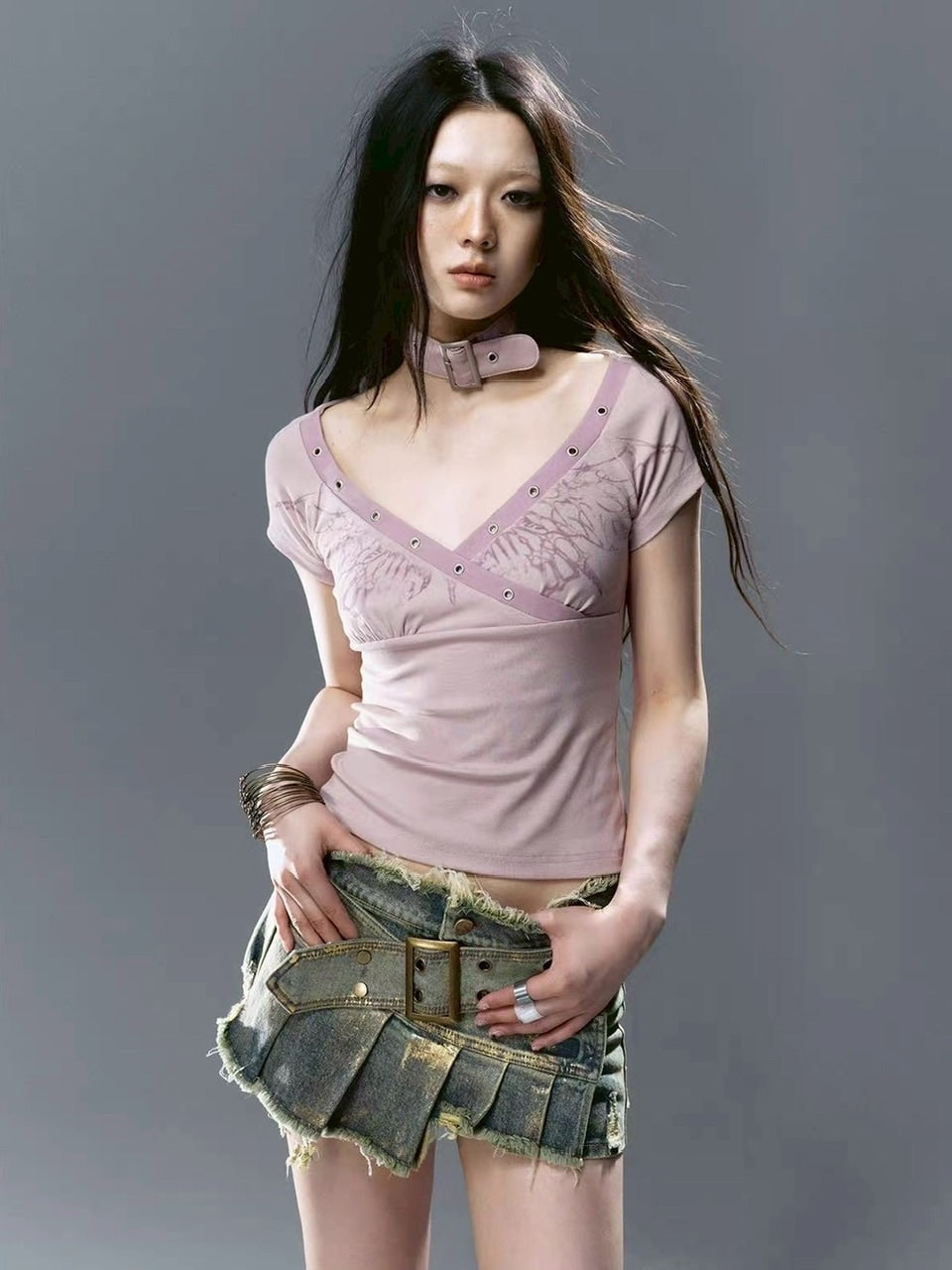 【Cest Nous】Gold-Foil Printed Skort / 【セヌー】ベルトプリーツデニムミニスカートパンツ