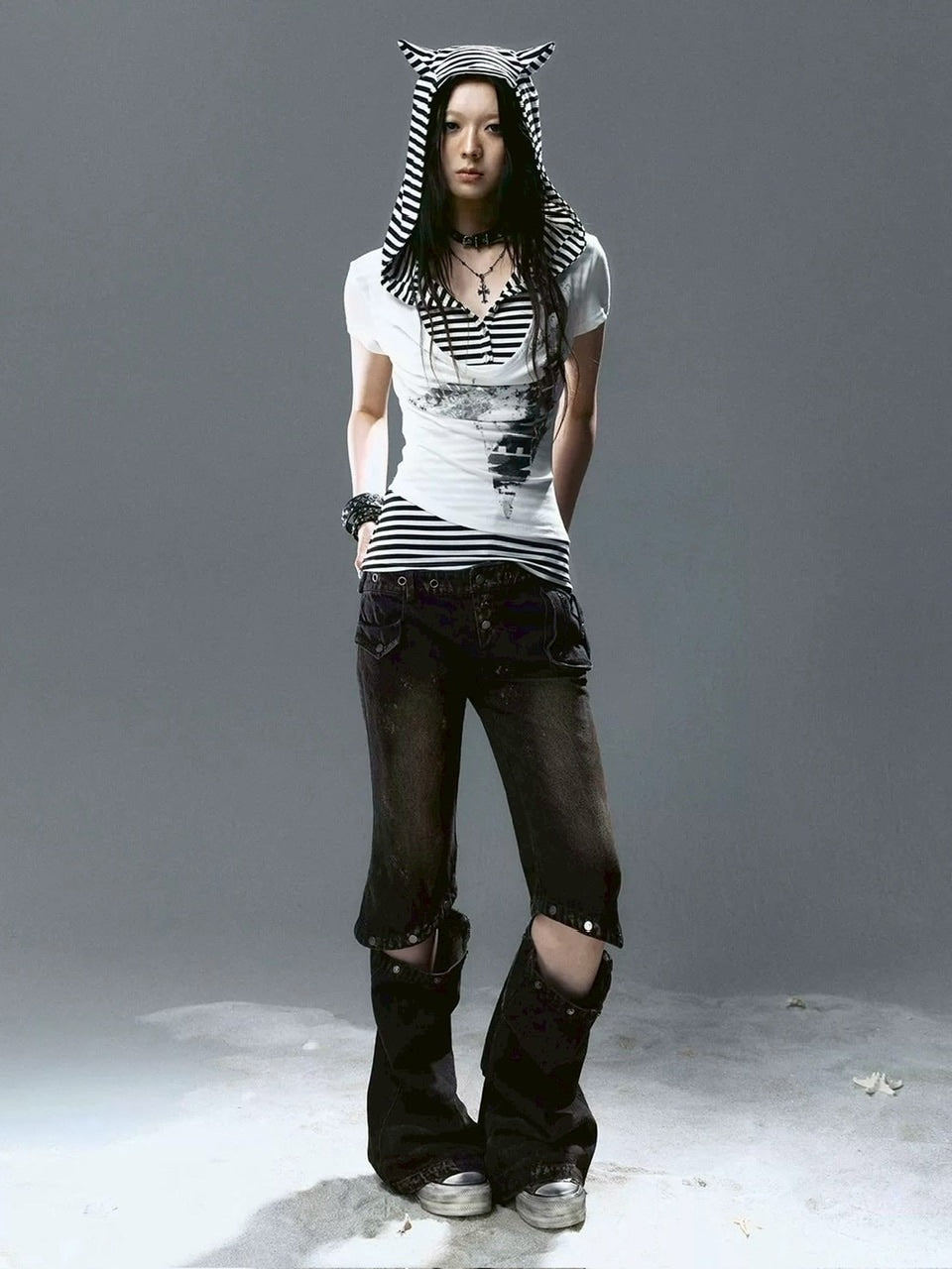 【Cest Nous】Striped Cat-Ear Top / 【セヌー】ボーダーレイヤードキャットイヤー半袖Tシャツ