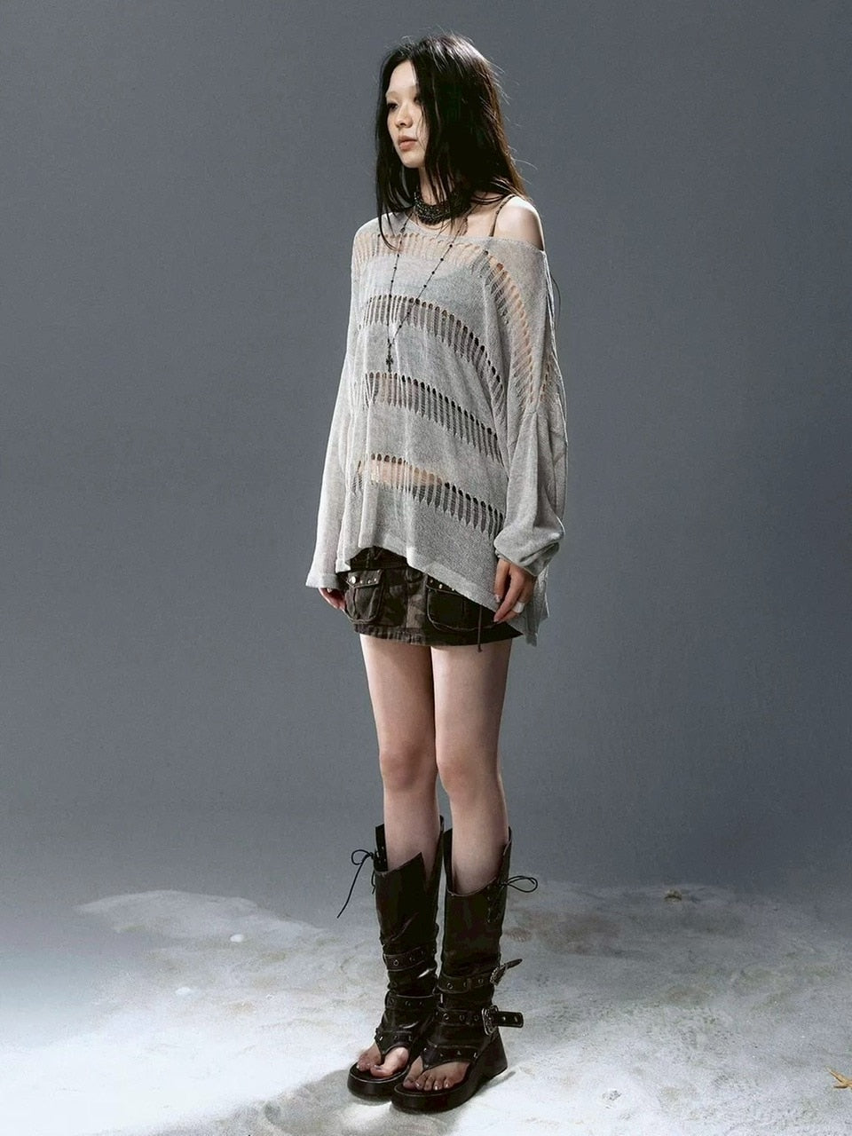 【Cest Nous】Knit Cover-Up / 【セヌー】シースルーボーダーサマーニット長袖Tシャツ