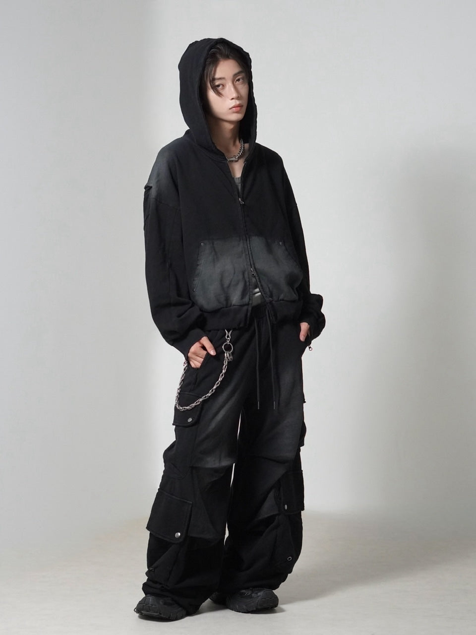 【CHIKASHITSU PLUS HIGH】cropped dirty wash double zip hoodie (wash black) / 【チカシツプラスハイ】クロップドダーティーウォッシュダブルジップパーカー