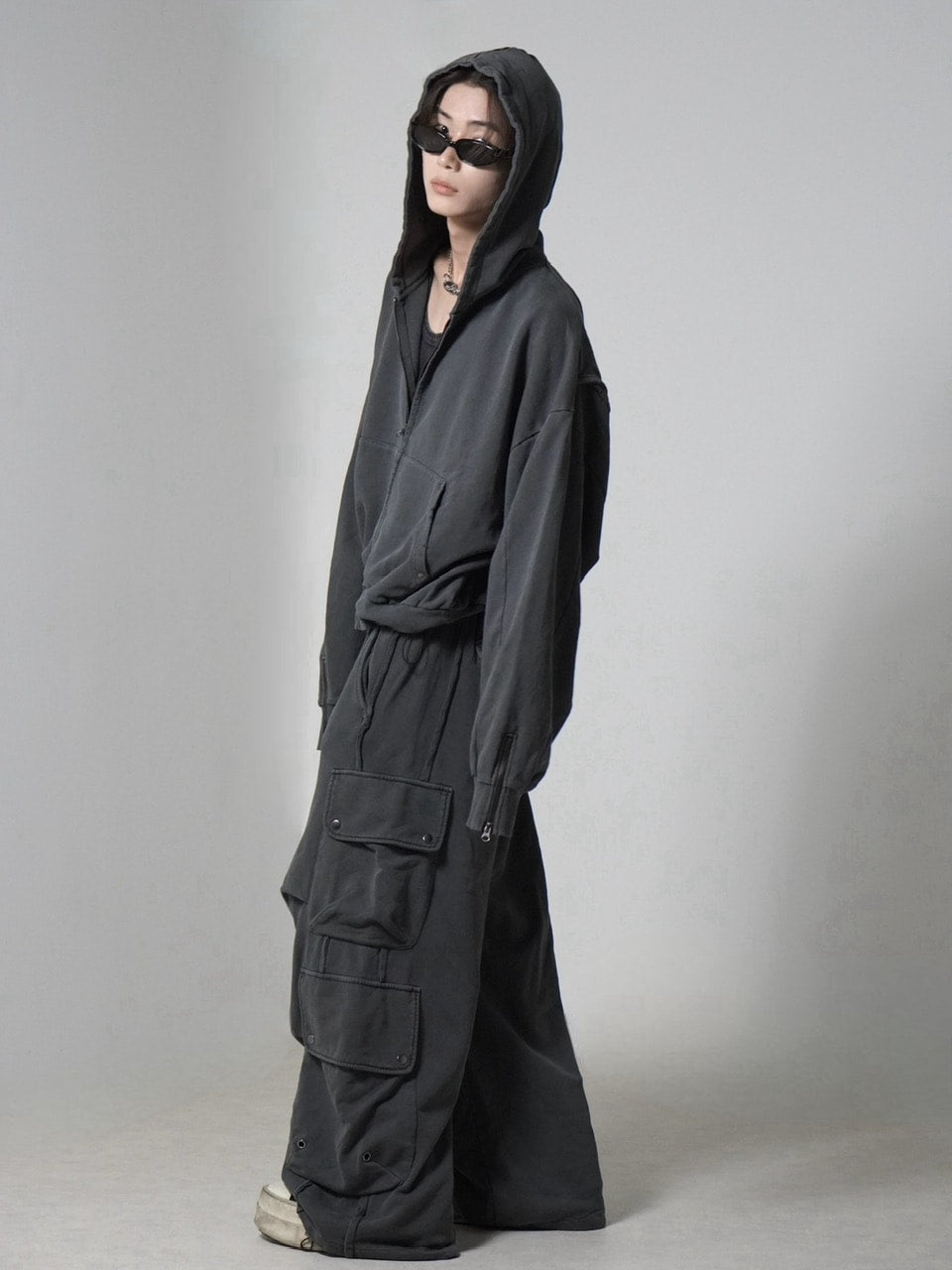 【CHIKASHITSU PLUS HIGH】cropped dirty wash double zip hoodie (charcoal) / 【チカシツプラスハイ】クロップドダーティーウォッシュダブルジップパーカー