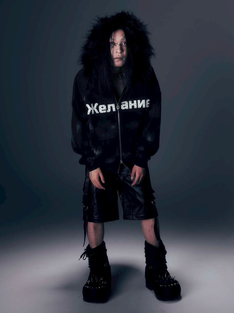 【DIG YOUR OWN GRAVE】Желание FUR HOODIE /【ディグユアオウングレイブ】ファーフードフードジェラーニエロゴジップアップパーカー