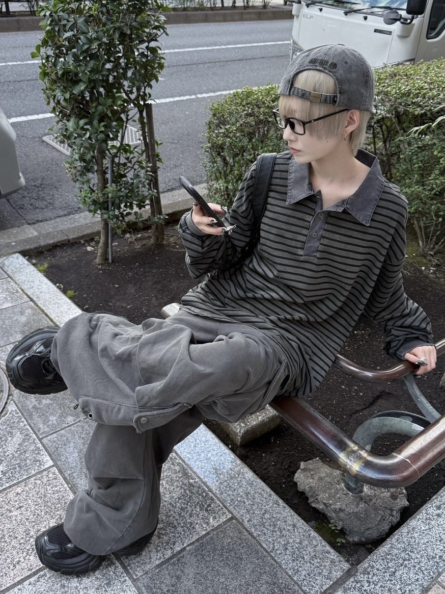 受注制【nmtc +】border long sleeve / 【エヌエムティーシープラス】襟付きボーダー長袖Tシャツ (2color)