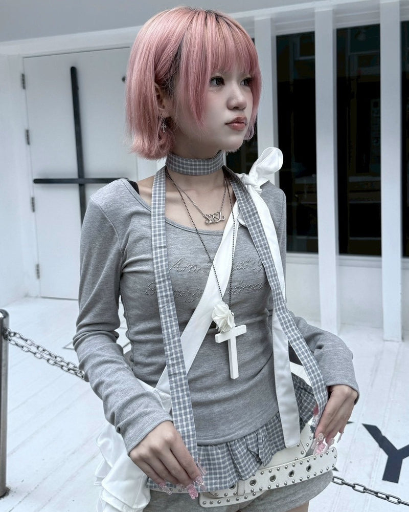 受注制【nmtc +】tie set check lace long sleeve / 【エヌエムティーシープラス】タイ付きチェックレース切り替え長袖Tシャツ (3color)
