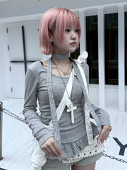 受注制【nmtc +】tie set check lace long sleeve / 【エヌエムティーシープラス】タイ付きチェックレース切り替え長袖Tシャツ (3color)