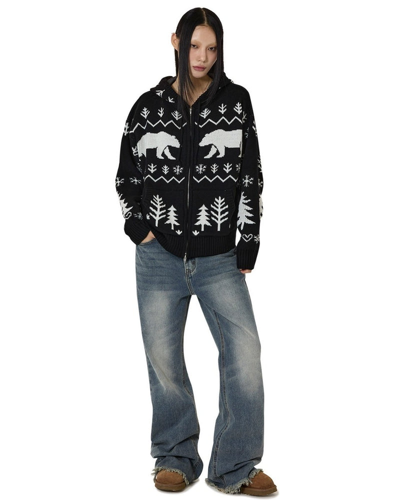 【OY】POLAR BEAR KNIT HOODIE ZIP UP