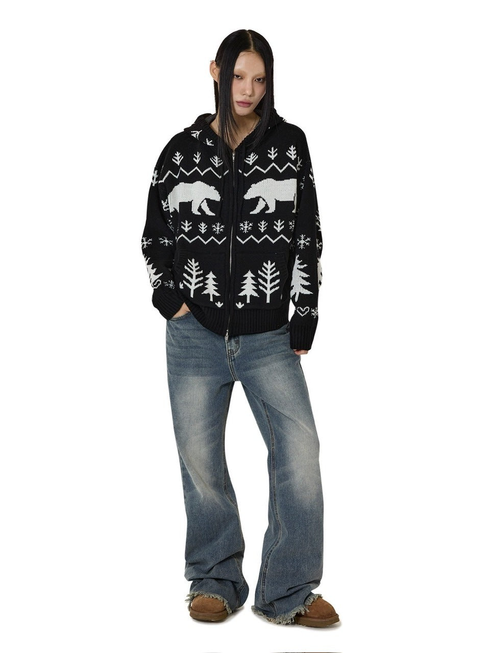 【OY】POLAR BEAR KNIT HOODIE ZIP UP