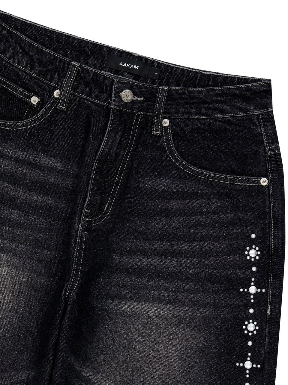 【AAKAM】Side Rhinestone Denim Pants