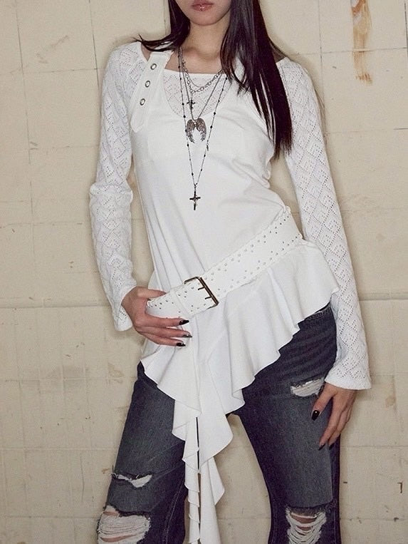 【NOT KNOWING】Belted Halter Ruffle Top / 【ノットノーイング】ベルトホルターラッフル長袖Ｔシャツ