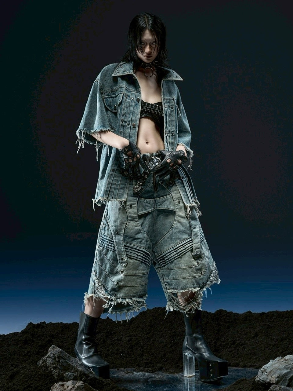 1/2 20:00再販【RICH】Knight Wide Waxed Short Pants/ 【リッチ】デザインデニムダメージハーフパンツ