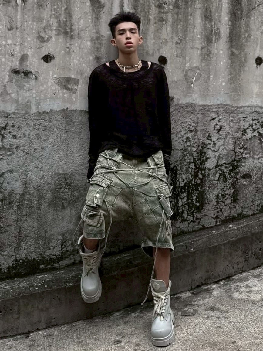 【RICH】Cargo Wide Green Washed Short pants / 【リッチ】ポケットカーゴデニムハーフパンツ