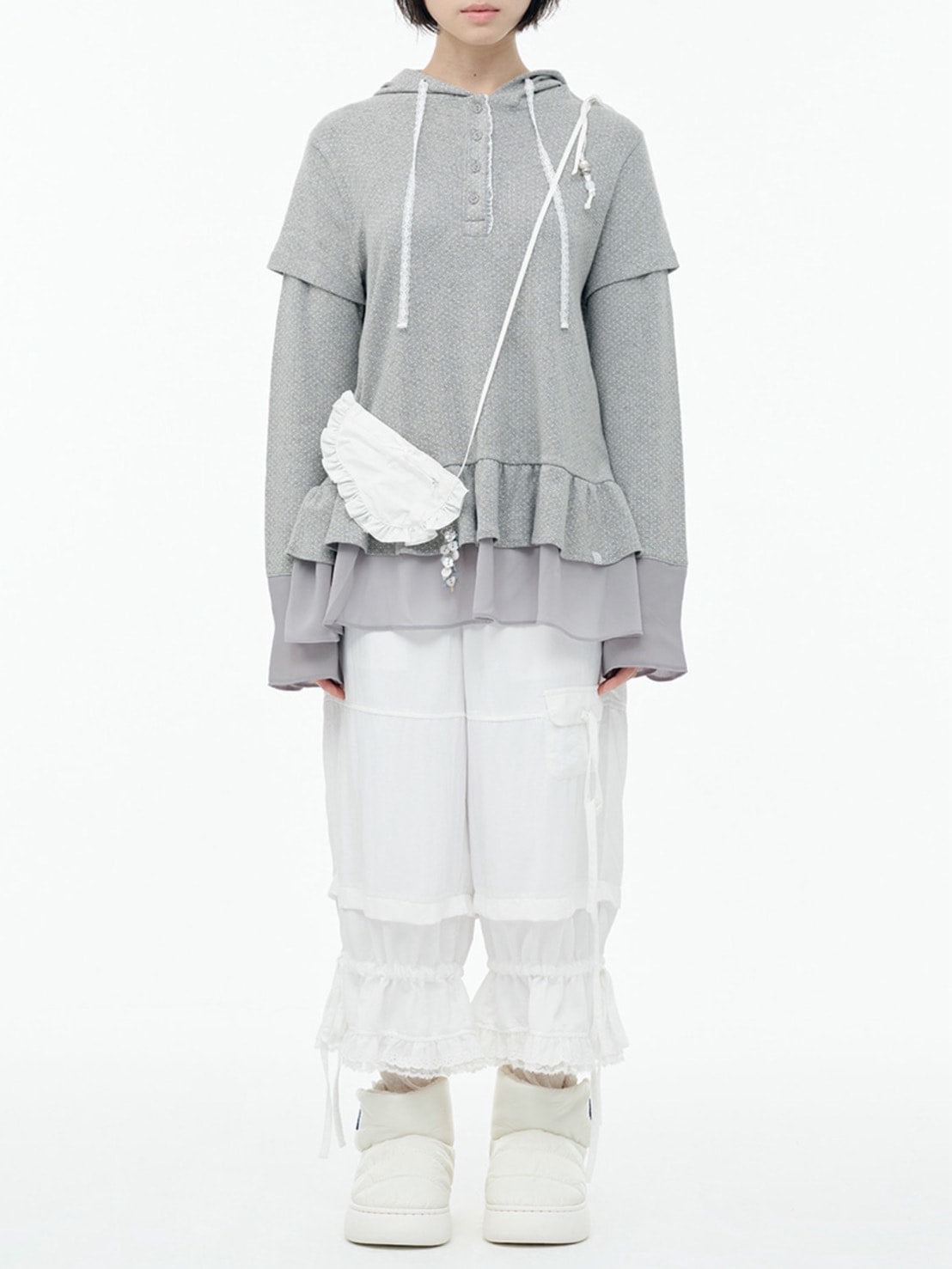 【TUOMIO】FRILL CHIFFON HOODIE / 【トゥオミオ】フリルシフォンフードパーカー