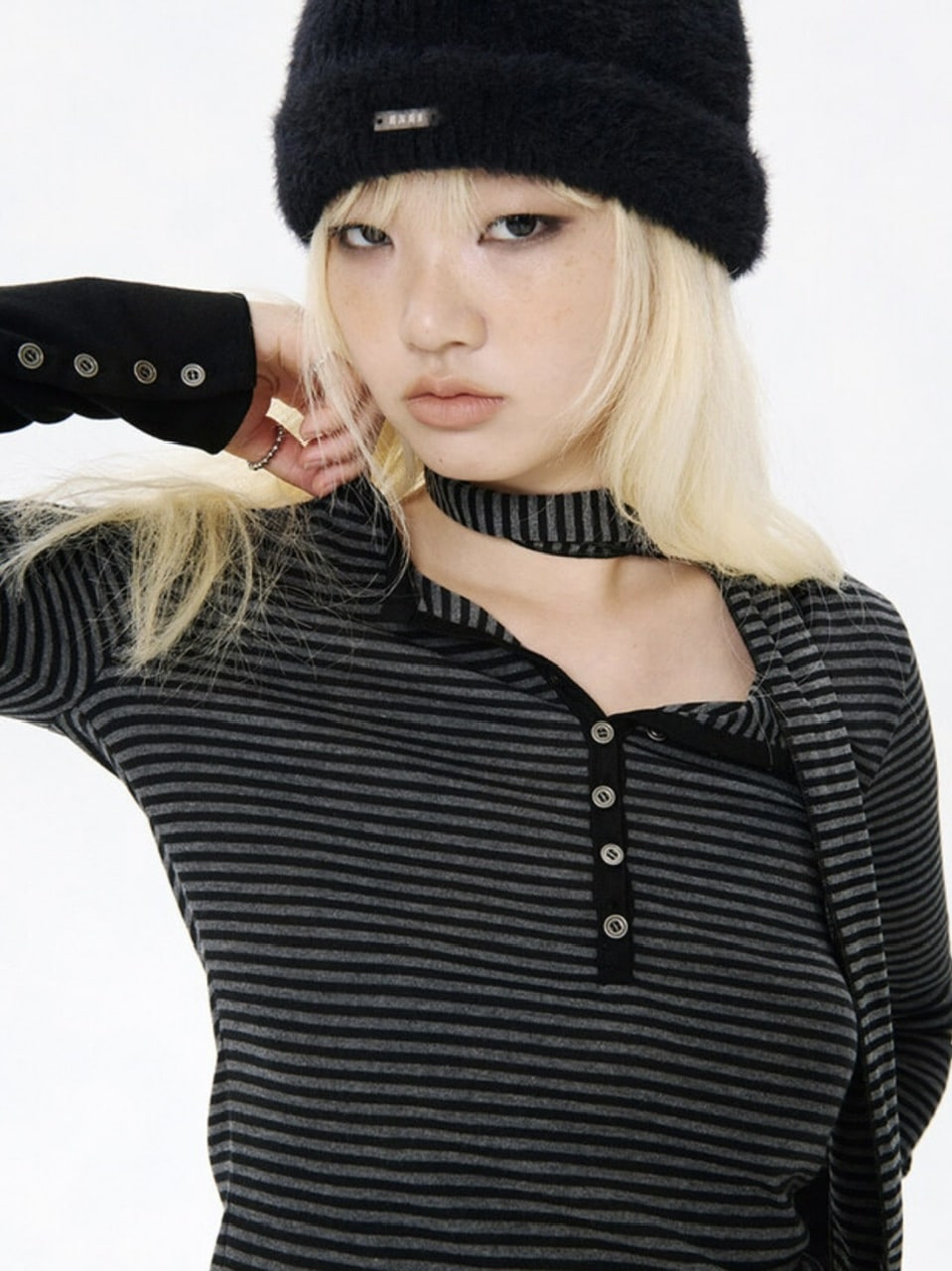 【runningHIGH】BUTTON STRIPE L/S TEE with MUFFLER / 【ランニングハイ】マフラー付きボタンストライプ長袖Ｔシャツ