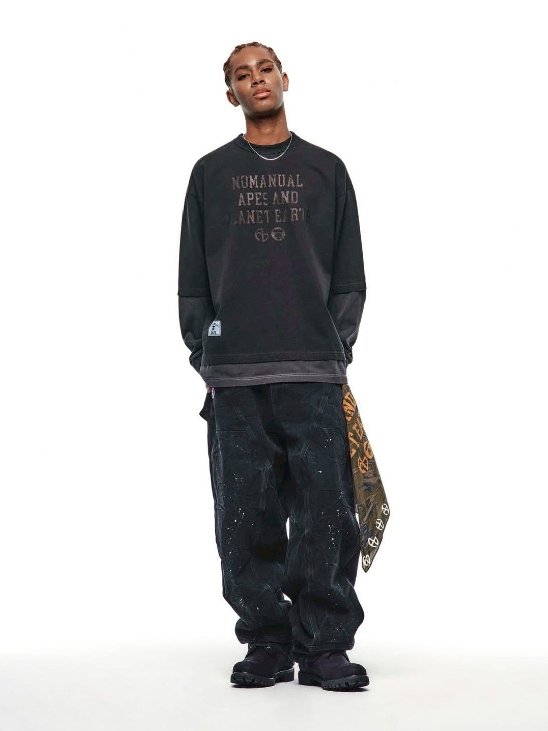 【AAPE X NOMANUAL】AAPE X NOMANUAL PAINTED DOUBLE KNEE DENIM PANTS