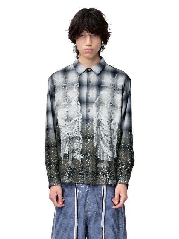 【The Boy Has No Patience】Saint Irregular Hot Diamond Plaid Shirt / 【ザボーイハズノーペーシェンス】ラインストーングラデーション長袖チェックシャツ